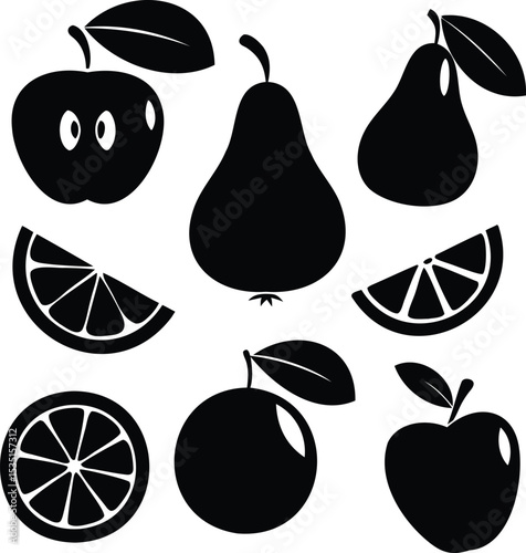 Fruit silhouettes – vector collection of citrus slices, pears, apples in black graphic style