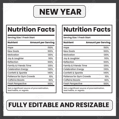 new year nutrition facts
fresh start label design
new year’s day infographic
celebration parody label
happy new year nutrition
new beginnings facts