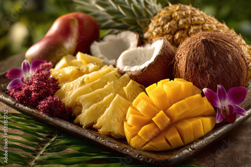 Background of assortment of Fresh tropical fruits