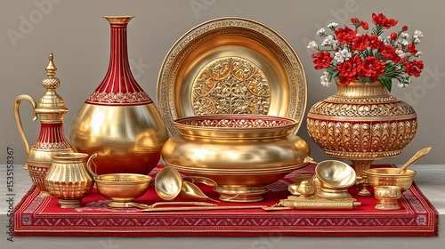 Traditional brass utensils set beautifully displayed high resolution picture