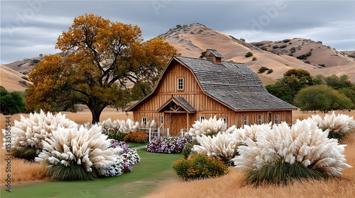 Traditional farm cottage and pampas grass high resolution picture