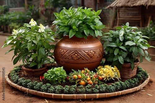 Traditional garden setup with herbal plants high resolution picture
