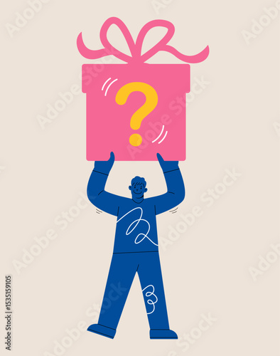 Man holding gift box with a question mark. Colorful vector illustration