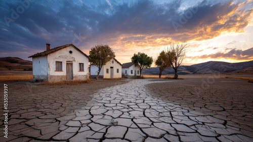 Abandoned village houses surrounded by cracked earth. Water crisis and water shortage in summer during long drought is a global problem of drought on the planet.