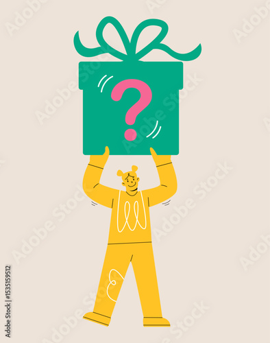 Woman holding gift box with a question mark. Colorful vector illustration