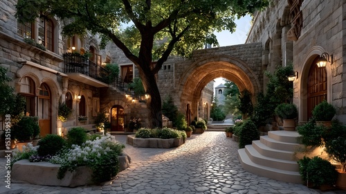 Warm lit walkway through historic stone buildings high resolution picture