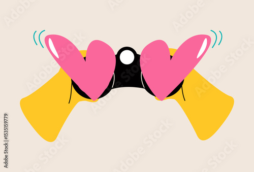 Hands hold binoculars and look through eyes with hearts full of love. Colorful vector illustration