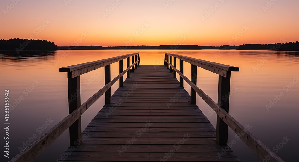 Fototapeta premium Serene Sunset Wooden Dock Extending into a Calm Lake at Dusk