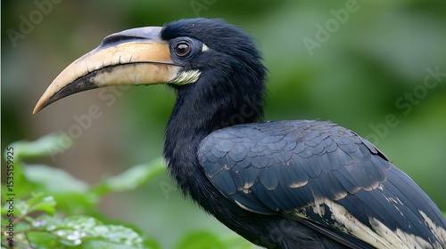 Black hornbill bird with long curved beak and shiny feathers perched in lush green foliage