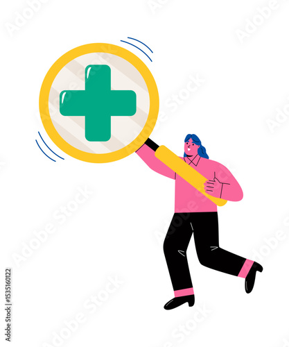 Healthcare concept. Business woman holding a magnifying glass with a medical icon inside. Flat vector illustration isolated on white background