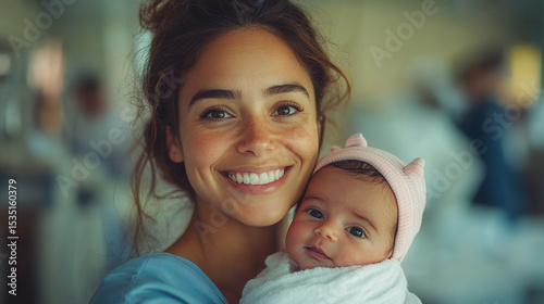 tender moment of young woman holding newborn baby in hospital softly focused 