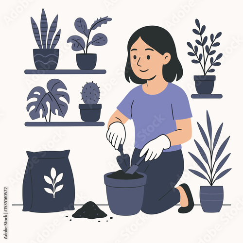 Flat vector illustration of a woman potting a houseplant in a minimalist home garden scene