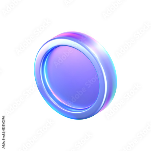 3D holographic coin icon with purple neon effect, isolated on white background. Iridescent chrome coin render, game token, casino chip, digital currency or holo reward medal. 3D vector illustration