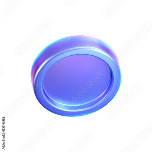 3D holographic coin icon with purple neon effect, isolated on white background. Iridescent chrome coin render, game token, casino chip, digital currency or holo reward medal. 3D vector illustration