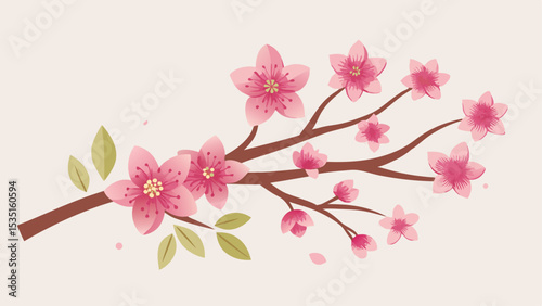 Pink cherry blossom branch with isolated flowers in spring nature closeup
