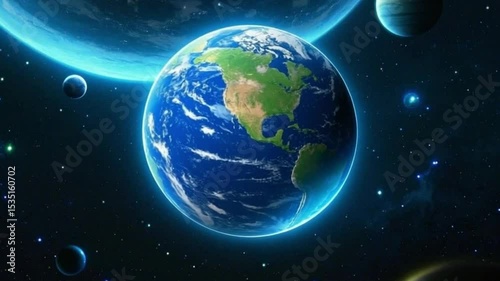 Stunning Earth Rotation Space Orbit Planets Cosmos Universe Galaxy Blue Glow Cinematic Background Animation 4 K Ultra H D High Resolution Realistic Detailed Breathtaking Visuals