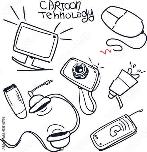 A set of funny cartoon icons or technical devices. Among them are a monitor, a computer mouse, a camera, a loudspeaker, a flash drive, headphones and a walkie-talkie.
