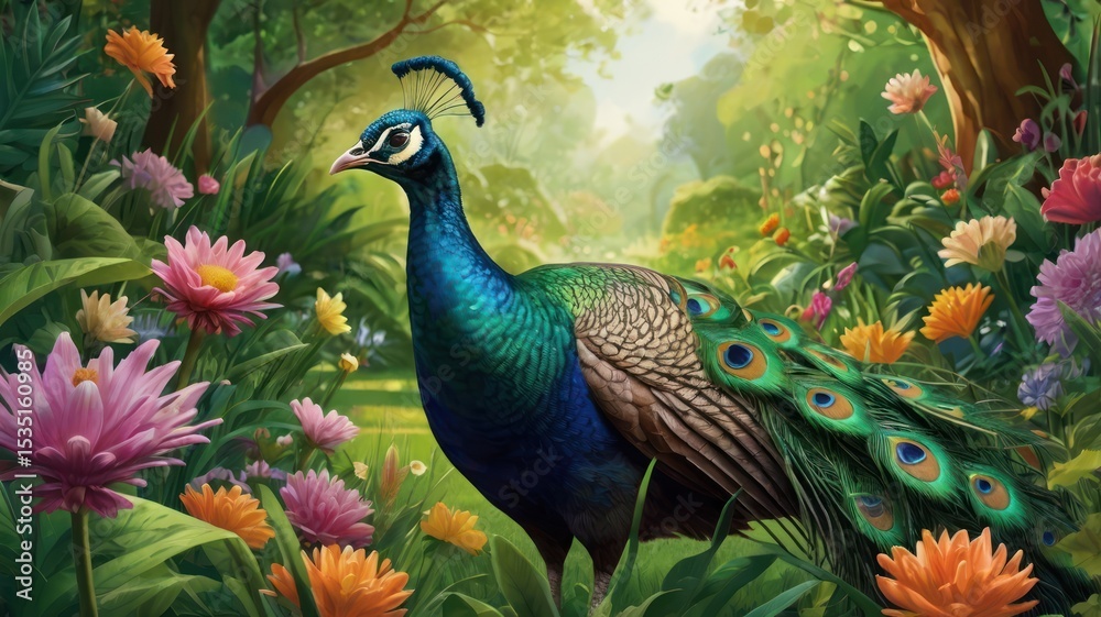 Fototapeta premium Vibrant peacock amidst a lush floral garden