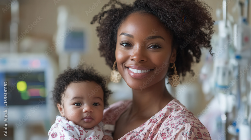 Fototapeta premium tender moment of young woman holding newborn baby in hospital softly focused 
