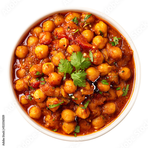 Spicy Chickpea Curry in White Bowl Garnish with Cilantro isolated on a transparent background chana masala