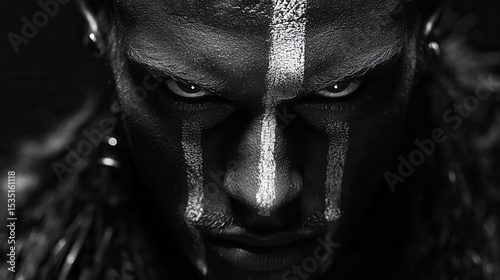 intense portrait of male figure with tribal face ink and deep shadows wearing dark attire 