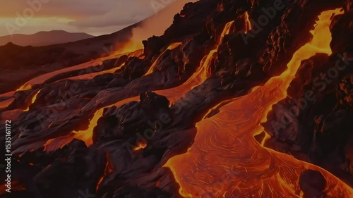 Flowing lava cascades over dark, textured rocks. Smoke rises into the orange sky