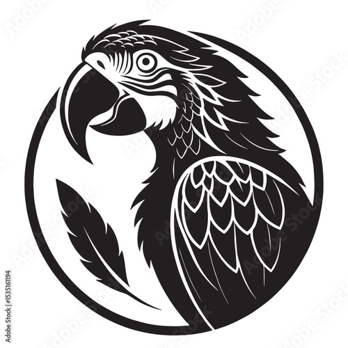  A captivating illustration of a macaw's profile, rendered in elegant monochrome. The bird's intricate plumage and intense gaze are highl