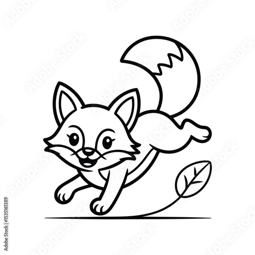 Cute Fox Running with Leaf Outline Icon - Adorable Forest Animal