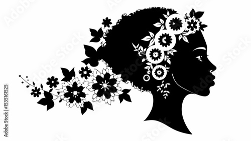 Silhouette of a woman with floral hair decoration and flowers flowing from her hair in black and white | eps vectors