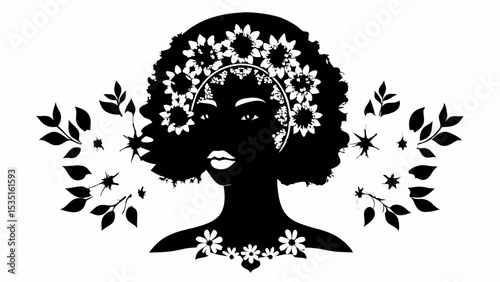 Silhouette of a woman with afro and flowers around her head and neck and leaves around her face | eps vectors
