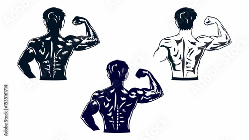 Three muscular men flexing their biceps and back muscles in a stylized black and white drawing style | eps vectors silhouette