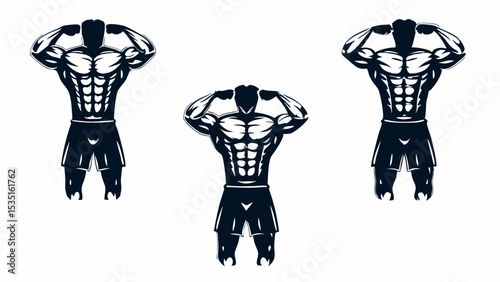 Three bodybuilders posing with muscular physiques and flexing their arms in a symmetrical arrangement | eps vectors silhouette