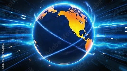 Global Network Digital World Technology Innovation Futuristic Earth Rotating Sphere Connection Data Stream Orange Blue High Definition Animation Broadcast Television Commercial