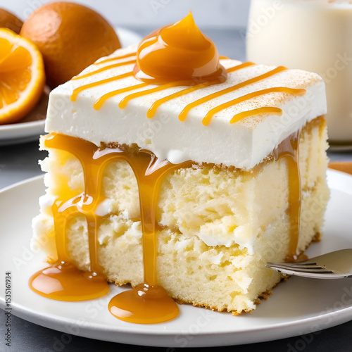 A thick slice of tres leches cake with a moist milk soaked sponge, fluffy whipped topping, and smooth caramel drizzle