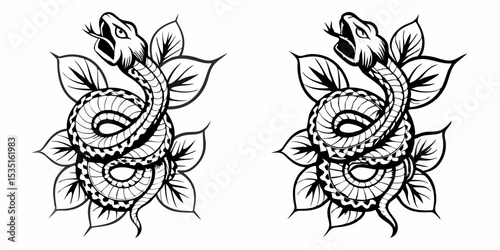 Illustration showing two coiled snakes with open mouths surrounded by leaves in black and white style | eps vectors silhouette