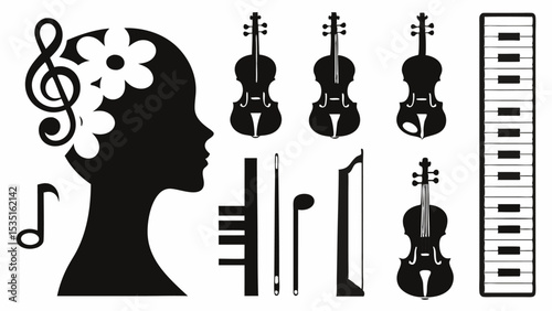 Silhouette of a woman with flowers and musical instruments including violins and piano keys design | eps vectors