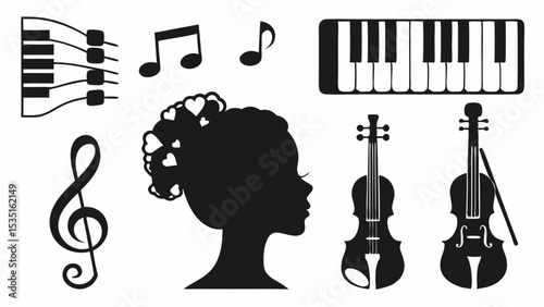 Silhouette of a girl with musical instruments including piano violin and musical notes in black color | eps vectors