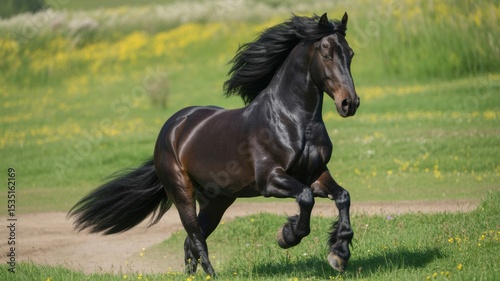A sleek black horse gallops gracefully across a vibrant green field.