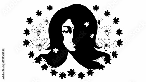 Stylized portrait of a woman surrounded by flowers in a black and white illustration style image | eps vectors silhouette