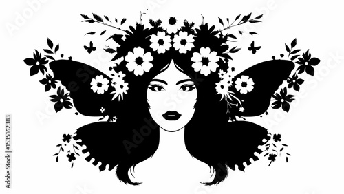 Silhouette of a woman with butterfly wings and floral crown in black and white illustration style art | eps vectors