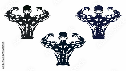 Three muscle men flexing their biceps and back muscles in a stylized black and white illustration | eps vectors silhouette