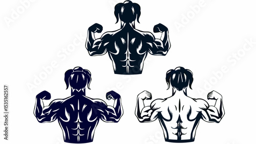 Three muscular women showing their backs and biceps in different shades of dark and light colors | eps vectors silhouette