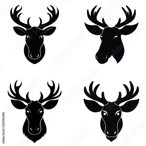 Illustration of Four Deer and Moose Head Silhouettes with Antlers Isolated on White