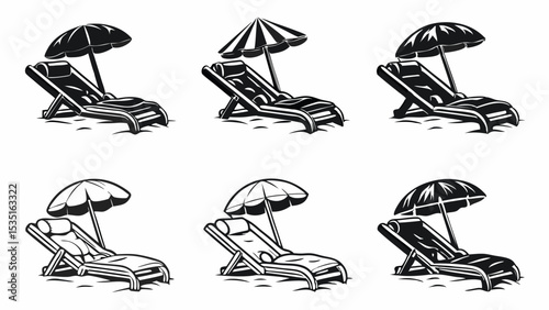 Six beach chairs with umbrellas in a grid pattern offering a relaxing summer vacation scene | eps vectors silhouette