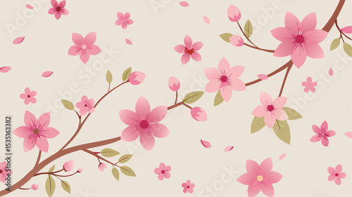 Seamless pink cherry blossom background pattern with delicate flowers