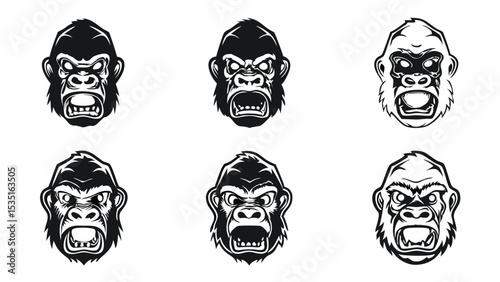 Six gorilla heads displayed in a grid pattern with varying expressions and line thickness style | eps vectors silhouette