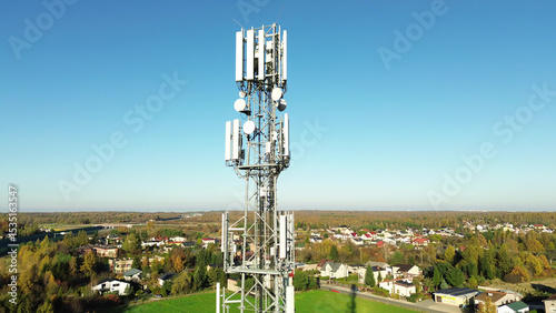 Network tower and antennas in open landscape