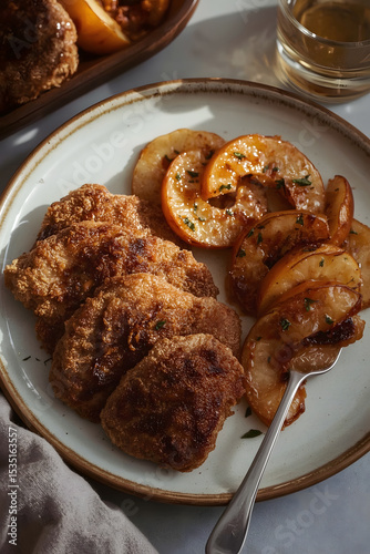 Crispy Austrian Wiener Meat Schnitzel with Caramelized Apple and Herb Side – Traditional Food Photography on Rustic Ceramic Plate, Cozy Autumn Styling