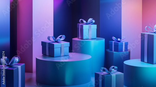 3D blue gift boxes on podiums with neon lighting for christmas new year sale promotion and e-commerce advertising background
