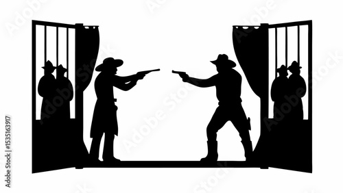 Silhouette of two cowboys in a standoff with guns facing each other in a saloon with onlookers watching | eps vectors